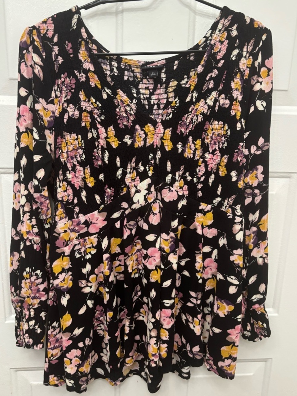 torrid Black Floral Smocked Long-Sleeve Tunic with Pink & Mustard Blooms